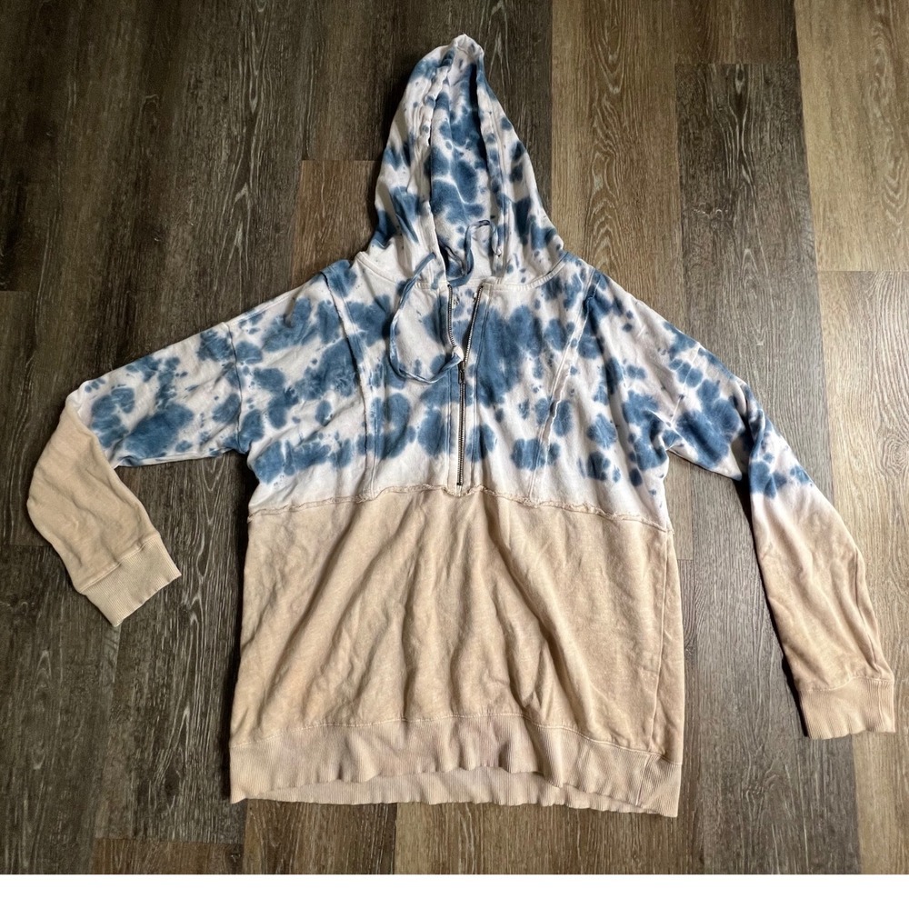 American Eagle Hoodie Womens L Blue Tan Tie Dye Quarter Zip Pullover Sweatshirt